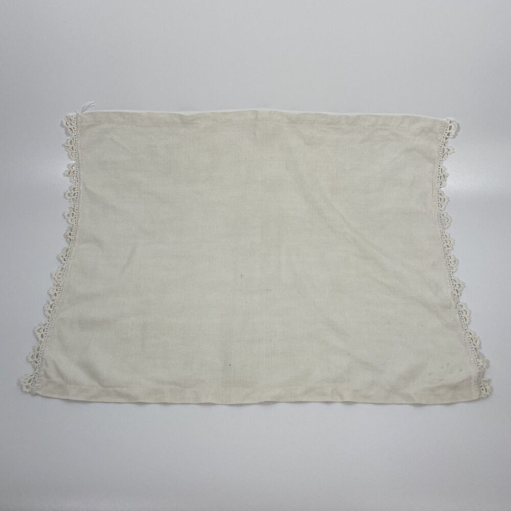 Vintage Linen Textile Tea Towel w/ Crocheted Edges 1940-50s 17"x14" Ecru Ivory